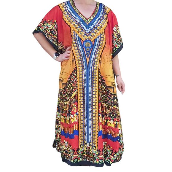 Red Yellow Orange Blue VNeck Kaftan Muu Muu Pool Beach Cover Up Dress India OSFM - Picture 3 of 13